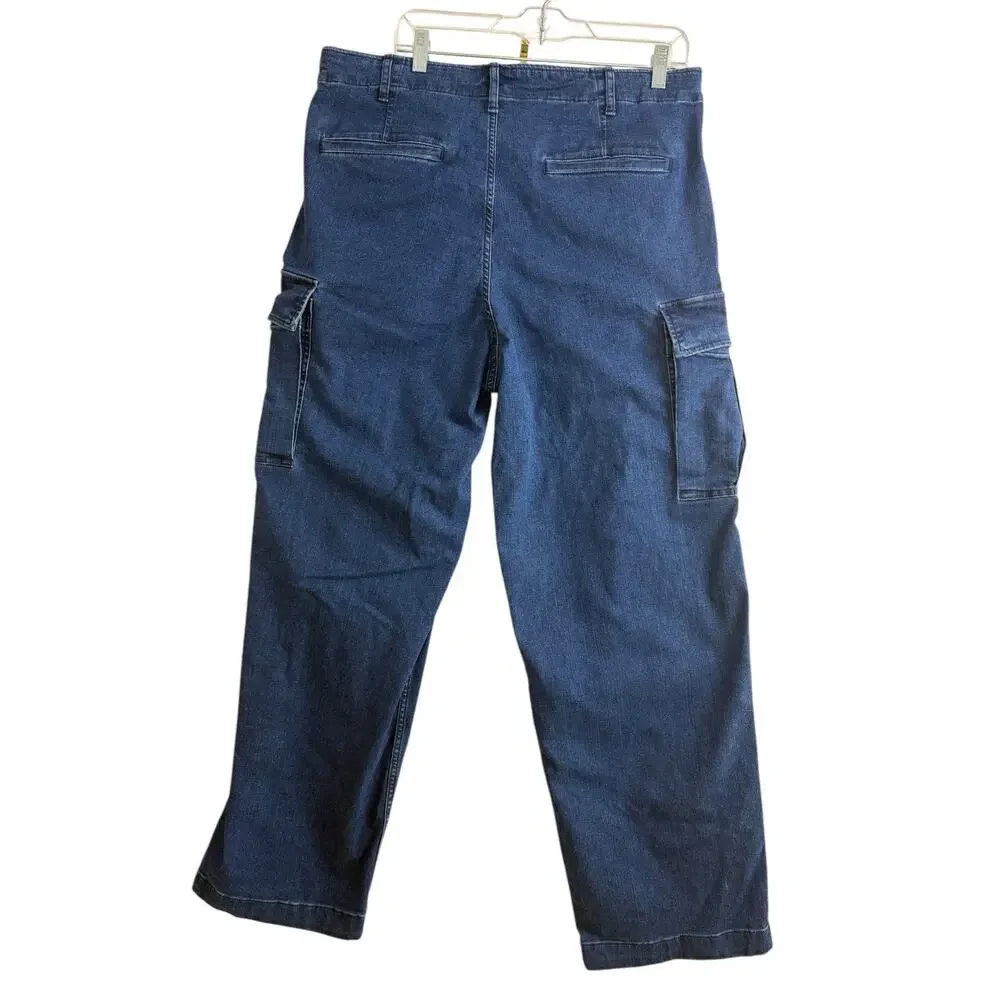 Uniqlo Wide Fit Denim Cargo Pants Mens Size L Drawstring‎ Stretch Streetwear - Picture 8 of 14